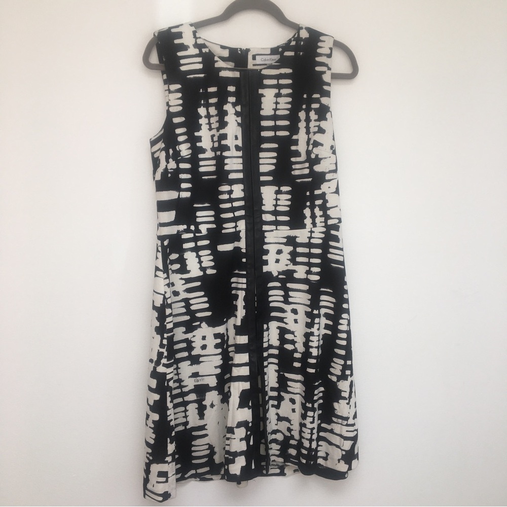 Calvin Klein Abstract Pattern Black White Fit n Flare Dress Faux Leather…​
